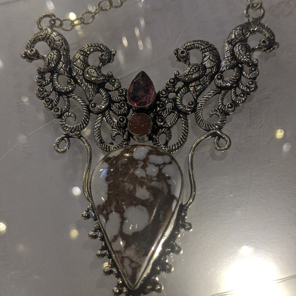 Coconut jasper carnelian pink topaz 925 played pheonix necklace